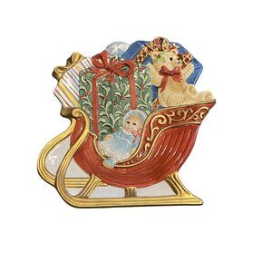 Fitz And Floyd Essentials Teddys Christmas Sleigh Plate 10" Hand-Painted Ceramic